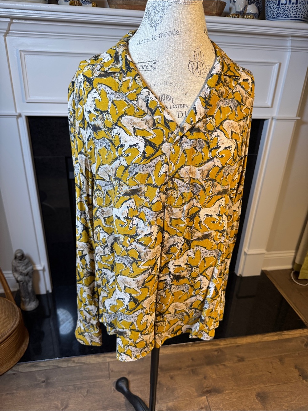 Karen Kane Mustard Yellow Horse-Print Button Blouse
